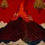 Placeholder: A dark orangish red volcano with spewing fire designed in Mehndi design painted by Katsushika Hokusai