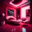 Placeholder: Dark Cartoon futuristic dark red, red, pink, and white space bedroom with a table in the corner with a hover chair and a bed against the wall, interior