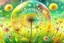 Placeholder: Create a watercolor and chalks painting, whimsical painterly fantasy art, a single large dandelion plant including appropriate leaves at the base of the stem, the head of the dandelion surrounded by a transparent bubble, the dandelion has gone to seed, paint splatter overlay, intuitive pastel colors, soft yellow meadow sprinkled with dandelions and small transparent bubbles in background, add reflections to the bubbles, watercolor and chalk style.