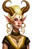 Placeholder: A teenaged tiefling woman with white blonde hair, pointy ears, a set of ram horns and another set of gazelle horns, fancy clothes,