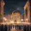 Placeholder: Hyper realistic celebration outside Al-Aqsa Mosque with garland light at night