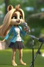 Placeholder: Cute 3d animated chipmunk, she is a singer, cute outfit and microphone in hand, long blond hair