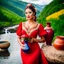 Placeholder: a woman in a red dress holding a vase, creative colorfull - makeup, with professional makeup, hand built ceramics, very very very beautiful face , nice country side with hills ,waterfall over a river with clear water,girls with perfect pretty face in folk costums and a jar, filling their jugs with water and some of them leaving while carring there jugs in there shouldes and 1beautiful girl with jug in shoulder in closeup , very nice mountains at distant, nice clouds in sky ,wide green field wi