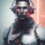 Placeholder: white cyberpunk cyborg men portait realistic sci fi dirty face and cheap implants focused on face red and white