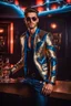 Placeholder: Full body Real photography handsome man super model European on fashion style dressing luxury jacket diamonds patterns,sunglasses,turn on music DJ player in disco club