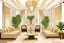 Placeholder: Inside an Art Deco living room with sofas, potted palms, with mirrors and brass sconces, incandescent, gleaming