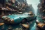 Placeholder: Junk city underwater, street view, many futurist cars, macro photography,