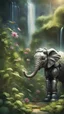 Placeholder: portrait of ninja robot elephant in the garden, waterfall and elves ,lotsa wild weed, in spotlight, magazine cover illustration with spray paint, signed, bokeh like, down-light, unreal engine, prize winning