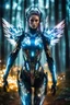 Placeholder: Front View night photography Beautiful Angel woman cyborg cybernetic, warframe armor in Magical Forest full of lights colors, Photography Art Photoshoot Art Cinematic Soft Blur Colors - on Running Dramatic Pose