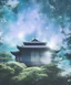 Placeholder: Japanese tea house in outer space with a nebula backdrop and otherworldly trees blue mist