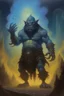 Placeholder: 1970's dark fantasy cover dnd style oil painting of an holographic medieval ogre casting a spell in the mist with minimalist far perspective in an abstract pattern background.