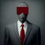 Placeholder: a man wearing a grey suit with a red tie who has no eyes or face