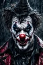 Placeholder: ultra detailed and highly realistic image of a gothic, scary clown, close up of him standing in the rain, the rain messed up his face makeup as it smudged of his face, chaotic, dramatic upclose view, 32k, splatter paint style