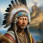 Placeholder: stunning 3D render of a painting in the style of Rembrandt featuring Winnetou, the chief of the Aachen tribe. Winnetou is depicted as a noble and wise leader, adorned with intricate feathers and a colorful headdress. The background portrays a vast, rugged landscape with a rocky mountain range and a serene lake, casting a warm golden glow. The overall atmosphere is a mix of both realism and dreamlike fantasy, reflecting Rembrandt's masterful use of light and shadow., illustration, 3d render, pain