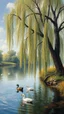 Placeholder: Bosch painting style , old willow tree by the river , a lovely ducks is swimming in the river