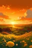 Placeholder: overhead shot, village, evening time , sun set, flower plants, grasses, orange, yellow sky, dynamic white clouds, magnificent, vibrant, hdr, 4k, 8k, anime style, vector art, low angle shot, aesthetic, Mysterious sketch