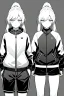 Placeholder: blonde girl with ponytails dressed in a jacket and shorts walks briskly, front view, greyscale