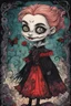 Placeholder: a cartoon illustration of a schizophrenic goth vampire girl , in the cartoon style of Lynda Barry , Ernie Pook's Comeek, vibrant natural colors, , museum quality masterpiece