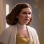 Placeholder: hyperspace background, complete and photo realistic detailed head to waist stunning photo realistic portrait of carrie fisher as Princess Leia in star wars with photo realistic updo hair by Mandy Jurgens and mucha and Richard Schmid and chuck close and chie yoshii, extraordinary and detailed ceremony dress of star wars,brown eyes