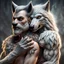 Placeholder: Teo the anthropomorphic strong gray hairy body wolfman holds between his paws the anthropomorphic pale hairy body wolfwoman's face , photo from face, neck and shoulders, blur background., high detalied, high realistic, sci-fi and fantasy mood