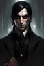 Placeholder: the dark butler, young elf with dark hair, dark clothes, shadow magic, expressive eyes