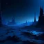 Placeholder: dark frozen alien landscape. some tiny, spiky blue alien creatures. spacecraft in the distance. planet in the distance
