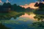 Placeholder: pond in anime ghibli style. cozy calming aesthetical. evening, but not dark.