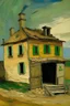 Placeholder: a painting by van gogh of af house where the roof has a huge hole in it