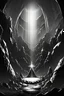 Placeholder: A beam shines in the middle of an immense and dark cave, greyscale