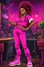 Placeholder: Create a pop punk cartoon of a curvy African American female wearing a hot pink jean outfit with timberland boots. Prominent make up with hazel eyes. She is wearing large diamond hoop earrings. Extremely highly detailed very long dread locs hair that shines. Background of a night club.