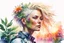 Placeholder: white background, cyberpunk, watercolor, Woman 48 years old, blonde, portrait painting, acrylic, summer sunset, plant hair, flower clothes, double exposure, fine rendering, high detail, high resolution, 8K