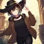 Placeholder: Clear focus, High resolution, short brown spiky hair, hair between eyes, eyes closed, wearing a brown detective hat, wearing a brown jacket and a black shirt, wearing black shorts, 1girl, pulling hat down, smiling, wearing a oversized hoodie