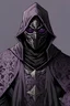 Placeholder: warlock, black mask with ash purple patterns, black robe with ash purple patterns, dark, ominous, ash purple