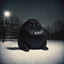 Placeholder: Dramatic vintage polaroid picture, hyperrealistic, gigantic puffy fat inflated black trash bag creature sitting in an empty school playground at night in the snow caught in the ambient streetlight, Lovecraftian trash bag creature with pouting confused look on face, sinister whimsey, oddball masterpiece, sfumato, Gallows humor, complex contrast, dynamic composition, by zdzislaw beksinski