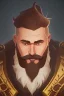 Placeholder: Medieval Fantasy Bearded strong man wearing a thick fur-lined merchant's coat, wearing gold rings, divine, halo, happy smiling, portrait, high definition, realistic, long hair, dynamic lighting, volumetric lighting, mustache, blond, arcane, wise