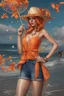 Placeholder: Full body of beautiful girl nami, Hair Color: Orange, Style: Wavy, Outfit Top: Blue, Outfit Bottom: Orange, Shoes: Brown, Accessories: Tangerine, Weapon: Clima-Tact, Hat: Straw, Tattoo: Pinwheel, Earrings: Hoops, sophisticated,, beautiful woman, hyper realistic, hyperrealism, photoreal, realistic, photorealistic, soft pastels, full-body, standing, long shot, wide angle, aesthetic