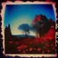 Placeholder: Polaroid photo of a peaceful marvelous landscape, trees, red and blue flowers, giant sun, very spooky figure, intricate, rock formations, atmosphere of a Max Ernst painting, Henri Rousseau, poetic, Georg Trakl, interesting, a bit appalling, smooth