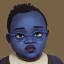 Placeholder: Portrait of a little fat 9 year old African witch kid with bushy hair and glasses and blue by Nick Harris