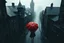 Placeholder: top-down view of a grayscale wet city street with old tall haunted houses, rain, dark human siluette with red umbrella, surreal style, dark mood