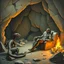 Placeholder: matte oil painting, retro futuristic prehistoric cave with a retro futuristic robotic raptor pet curled up in front of a campfire, caveman wearing a leopard print suit relining in a stone bacalounger