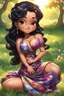 Placeholder: An airbrushed chibi black cartoon of a curvaceous woman with flowing black hair twisted up, wearing a colorful maxi dress. She sits relaxed on the grass facing the warm sunlight, which illuminates her face as she looks to the side with a small smile, accentuating her prominent makeup and brown eyes.