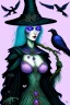 Placeholder: Friendly witch, playing with crows, perfect iris, pastel colours, style H.G. Giger