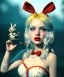 Placeholder: Ultra realistic wonderland photo, hot, happy blonde Alice woman and white rabbit smoking a pipe, blue dress, circus dress style, black headband with bow, old school tattoo, smoke, marijuana garden, glow eyes, perfect iris, soft color, highly detailed, unreal engine 5, ray tracing, RTX, lumen lighting, ultra detail, volumetric lighting, high definition.