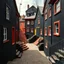 Placeholder: Fotografia di strada assurda e falsa orripilante blu weirdcore dai colori vivaci, liminalcore. Escher. Incubo. Confusione geometrica. Scale che scendono. Yves Tanguy. Non luogo falso, inusuale. Le case sono false e dipinte di nero chiaro con cose stilizzate e dettagli. Ci sono finestrelle false quadrate, che danno un senso distopico e molto surreale, disposte in modo casuale. L'atmosfera generale sembra noiosa e onirica, con un contrasto tra elementi reali ed elementi dipinti falsi, René Magritt