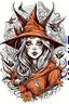 Placeholder: vector T-shirt art, fantasy art, witch, bat, Halloween, perfect eyes, fine sketch, very detailed and fresh-looking youn