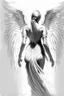 Placeholder: full body woman angel from back, angel wings coming through from her back skin, bun haired angel wearing long tunic ultra realistic drawing