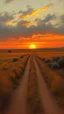 Placeholder: dirt path with sunset in the prairies, old western, painting based on grainy photo, orange brown tones
