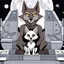 Placeholder: digital art front in picture an of little dark brown catlike creature with big ears, big eyes stands medium close and looking an anthropomorphic wolf couple sitting on the spaceship's ramp close together, the pale gray body hair female wolf sits behind strong male wolf and touths one paw on the dark gray body hair man wolf's shoulder, raini day, on ramp a little piece of meat lies down, high contrast, high detalied, high realistic, in background detail of an angular spaceship visible. Rain