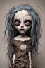 Placeholder: full color, illustration of a dark, menacing, monster girl, as a decayed, broken, crude homemade cloth doll toy, with a narrow cracked porcelain face, thick dark eyebrows, hair made from ragged strips of cloth, in the style of Alex Pardee, Tim Burton, and Nadya Sheremet