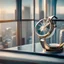 Placeholder: very close up of a big luxury wrist watch stands on table in balcony skyscraper camera looks at modern city environment reflected image i n watch plate